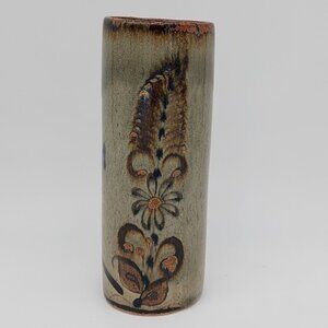 Mexican Pottery Cylinder Vase Tumbler Bird Feather Flower Blue Brown VTG 7.5"